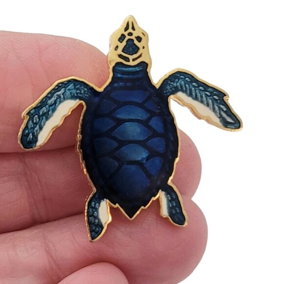 1987 Wm Spear Gold Tone Blue Enamel Sea Turtle Pin, Signed E671 - Picture 2 of 8